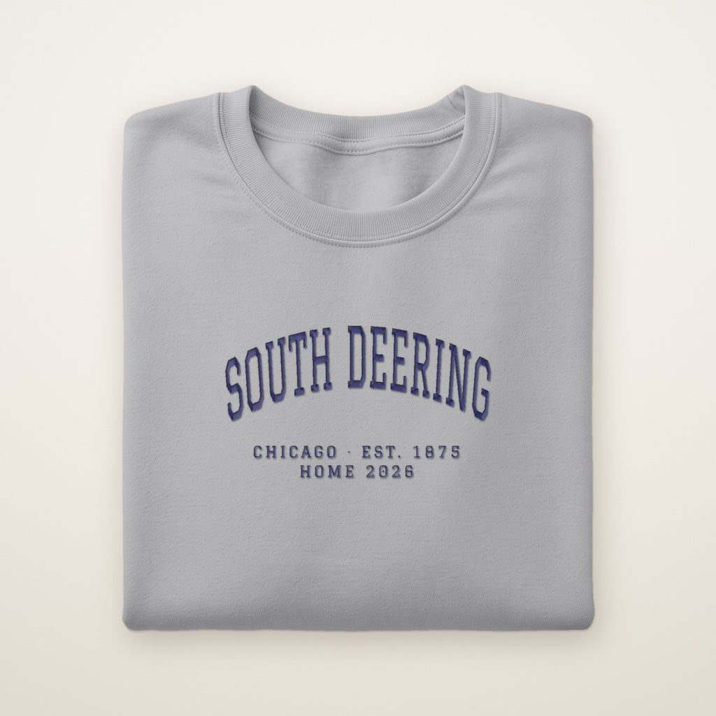 South Deering Chicago Home 2026 Embroidered Crewneck — Navy Thread on Sport Grey