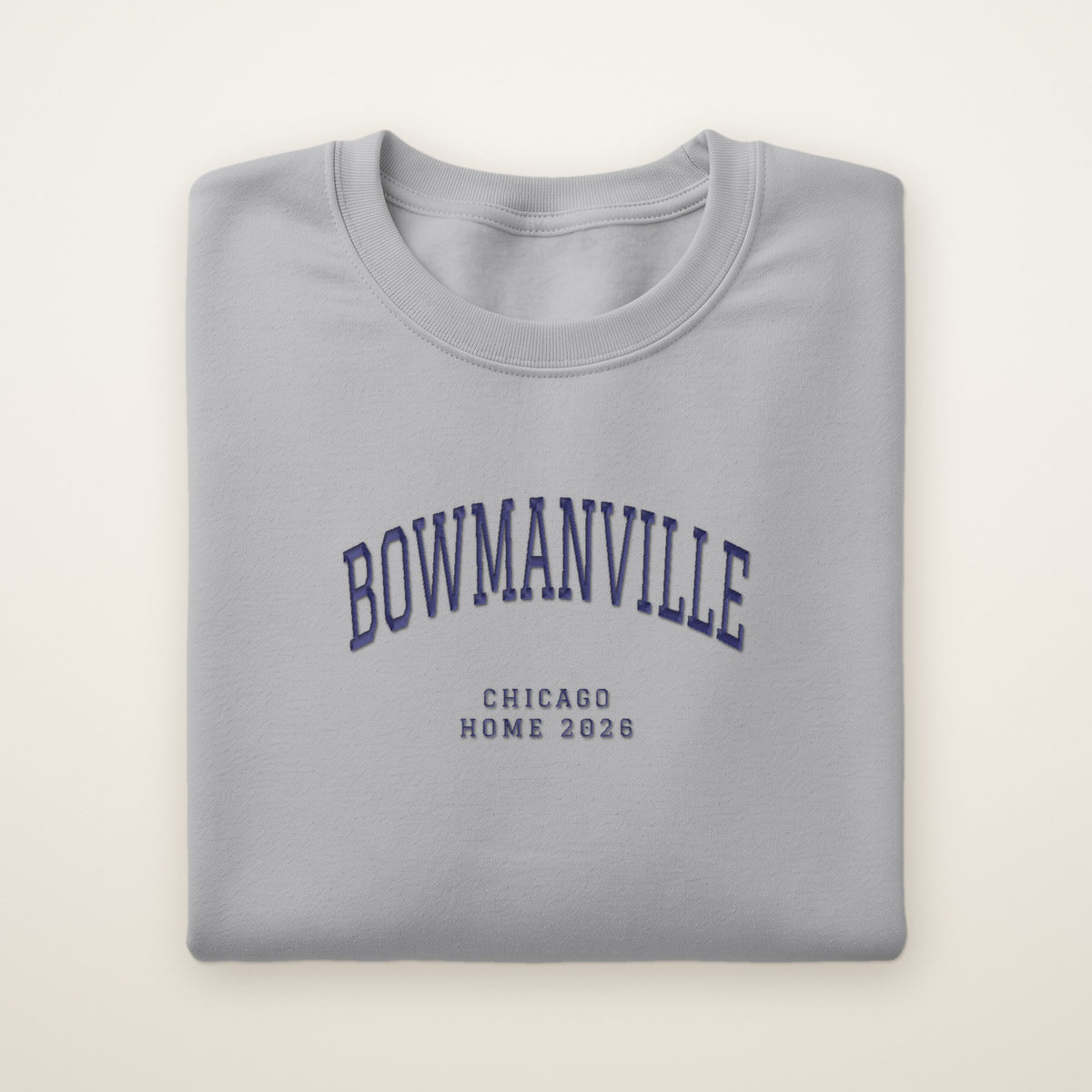 Bowmanville Chicago Home 2026 Embroidered Crewneck — Navy Thread on Sport Grey