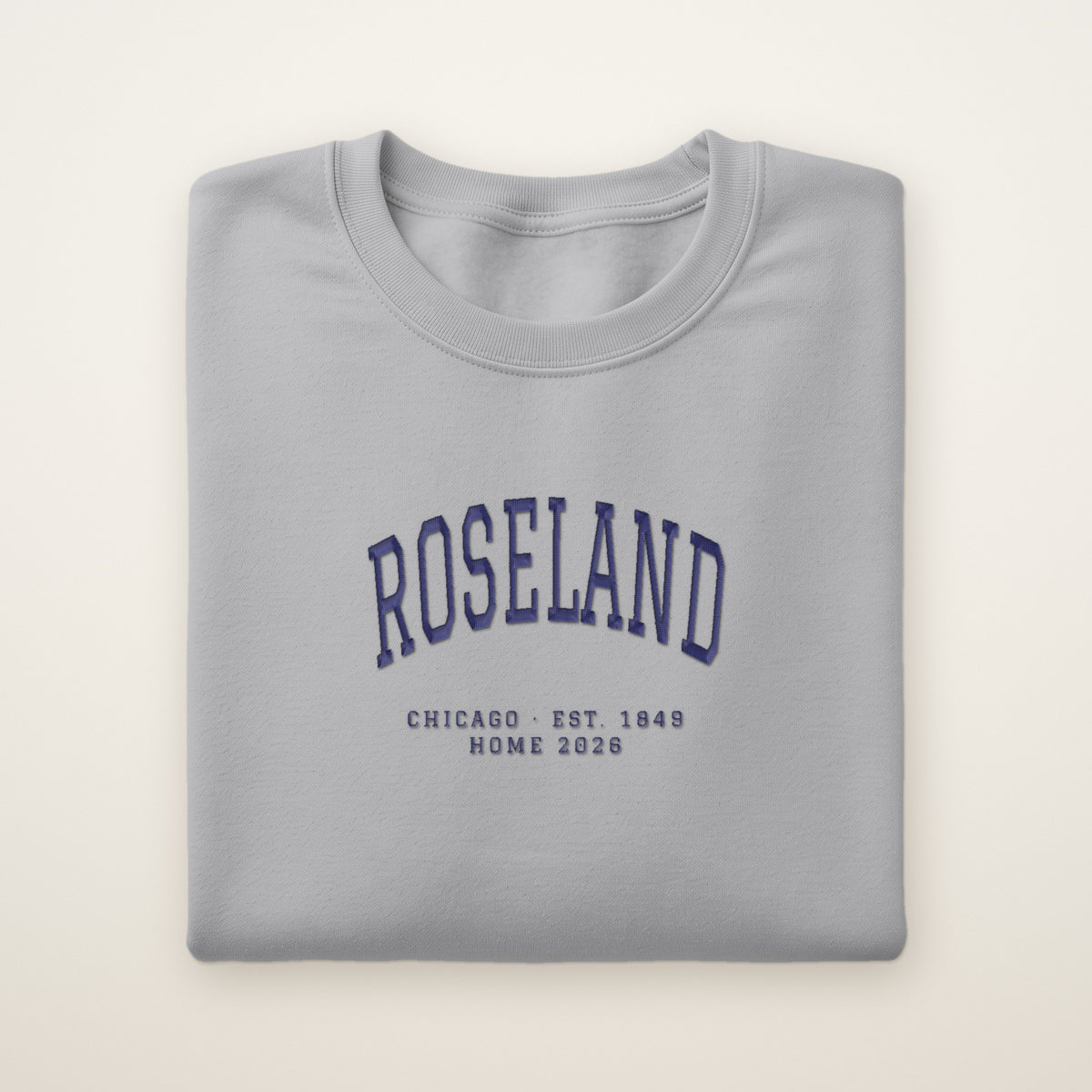 Roseland Chicago Home 2026 Embroidered Crewneck — Navy Thread on Sport Grey