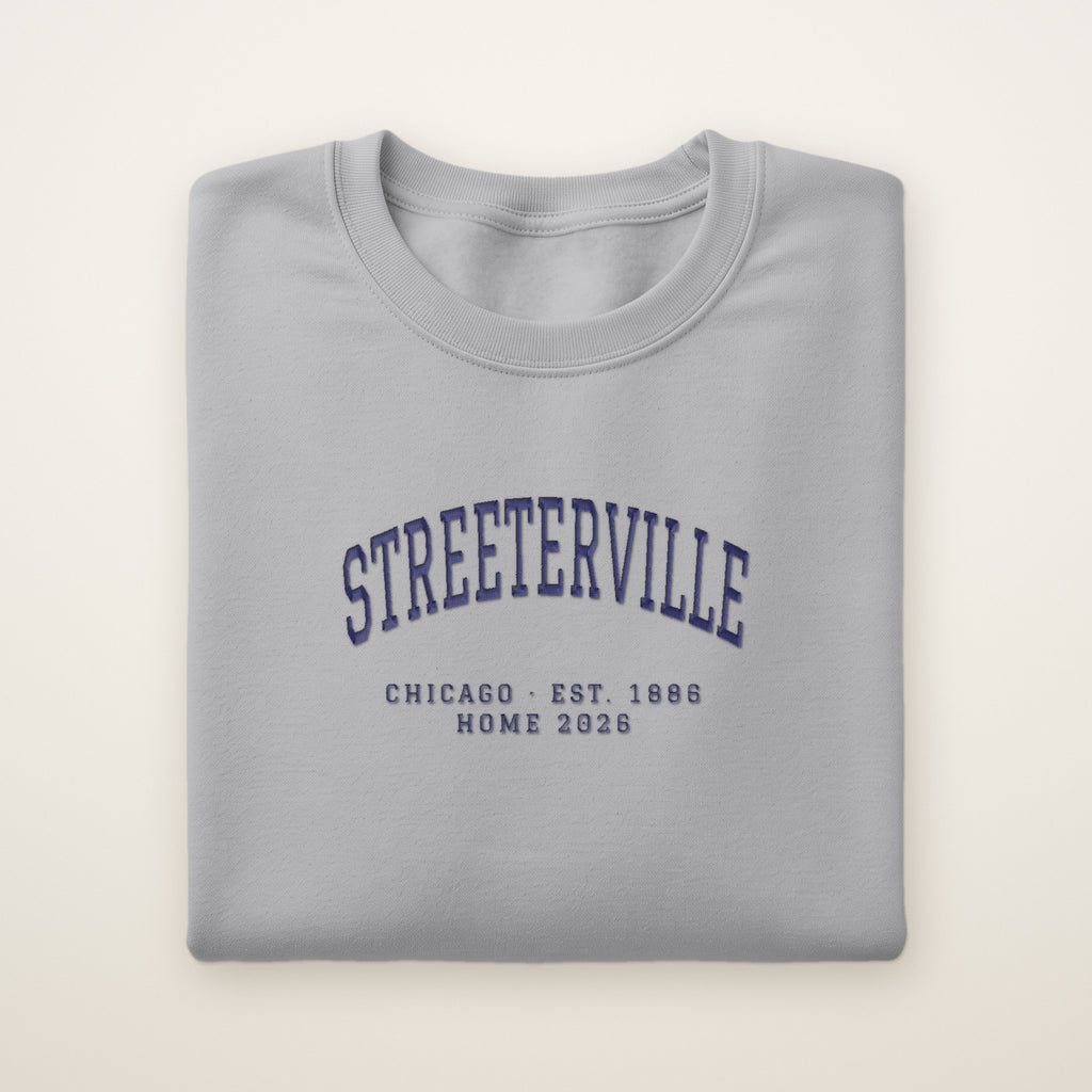 Streeterville Chicago Home 2026 Embroidered Crewneck — Navy Thread on Sport Grey