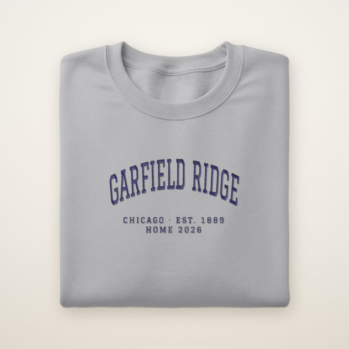 Garfield Ridge Chicago Home 2026 Embroidered Crewneck — Navy Thread on Sport Grey