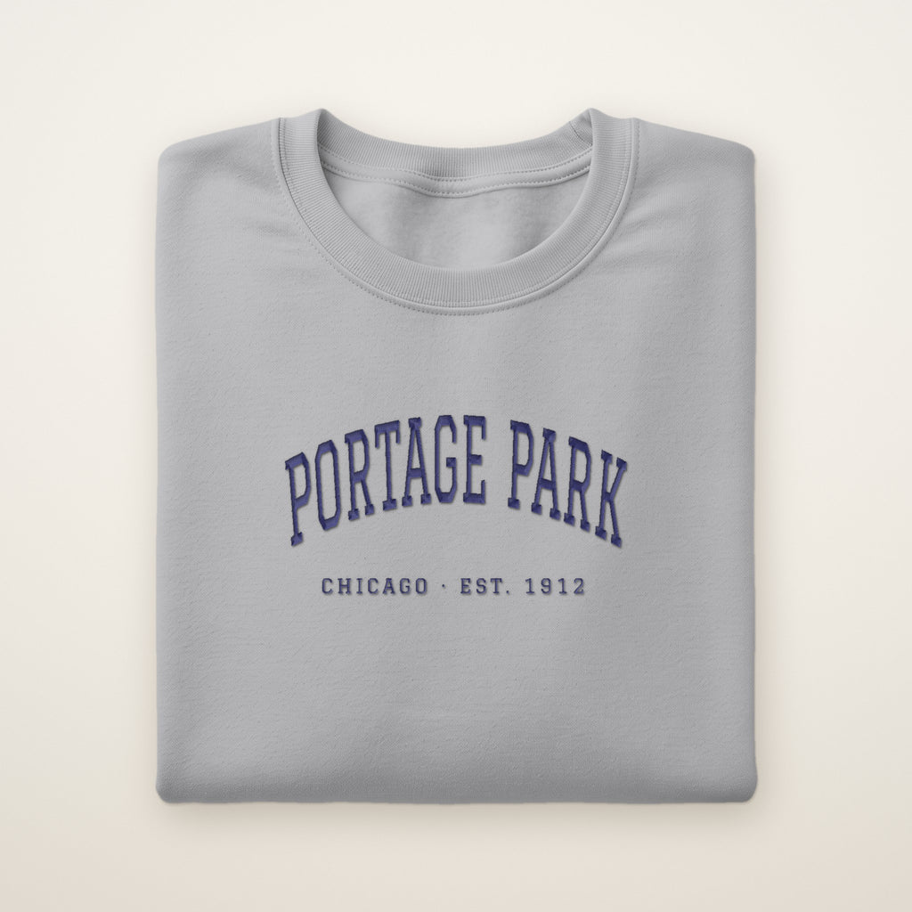 Portage Park Chicago Embroidered Crewneck — Navy Thread on Sport Grey
