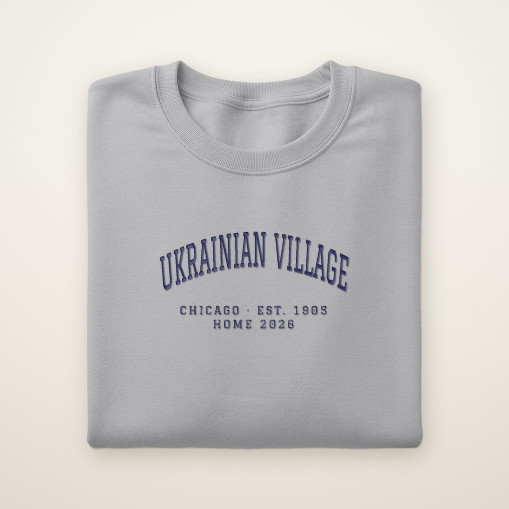 Ukrainian Village Chicago Home 2026 Embroidered Crewneck — Navy Thread on Sport Grey