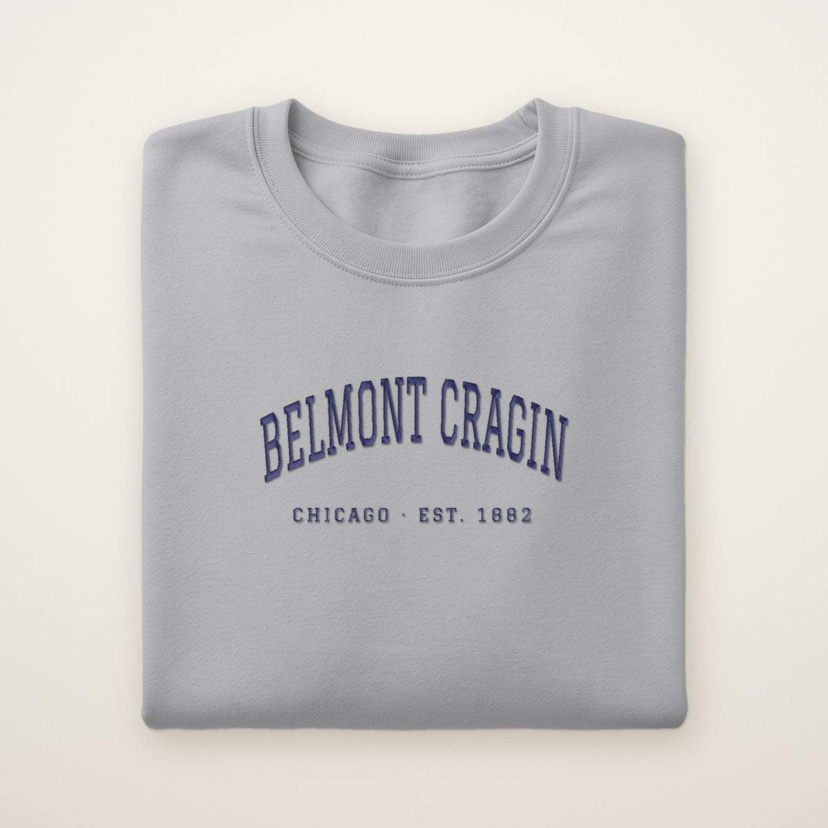 Belmont Cragin Chicago Embroidered Crewneck — Navy Thread on Sport Grey