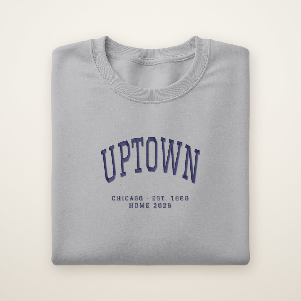Uptown Chicago Home 2026 Embroidered Crewneck — Navy Thread on Sport Grey