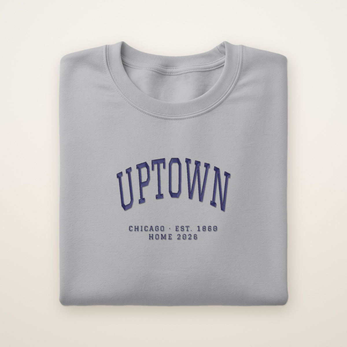 Uptown Chicago Home 2026 Embroidered Crewneck — Navy Thread on Sport Grey