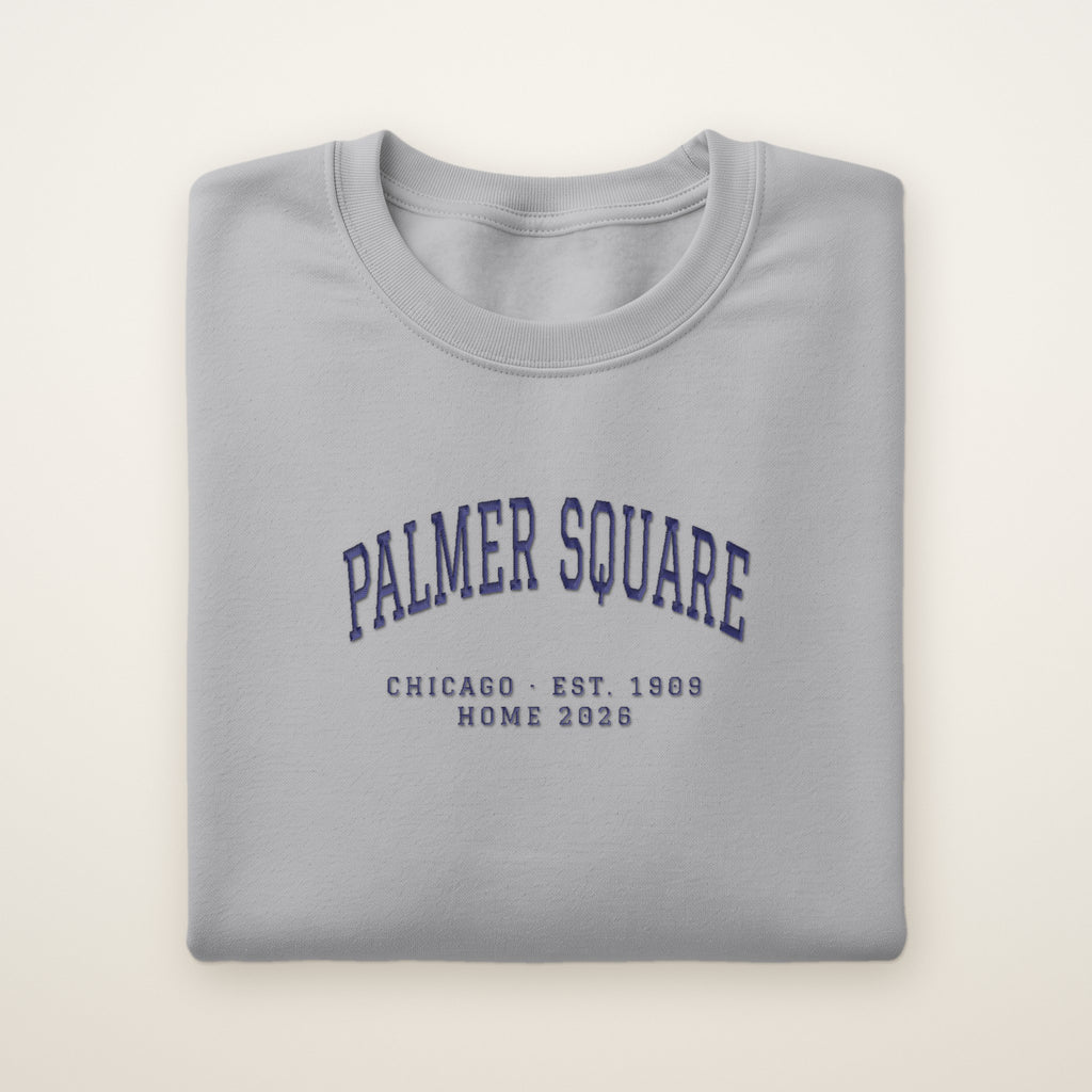 Palmer Square Chicago Home 2026 Embroidered Crewneck — Navy Thread on Sport Grey
