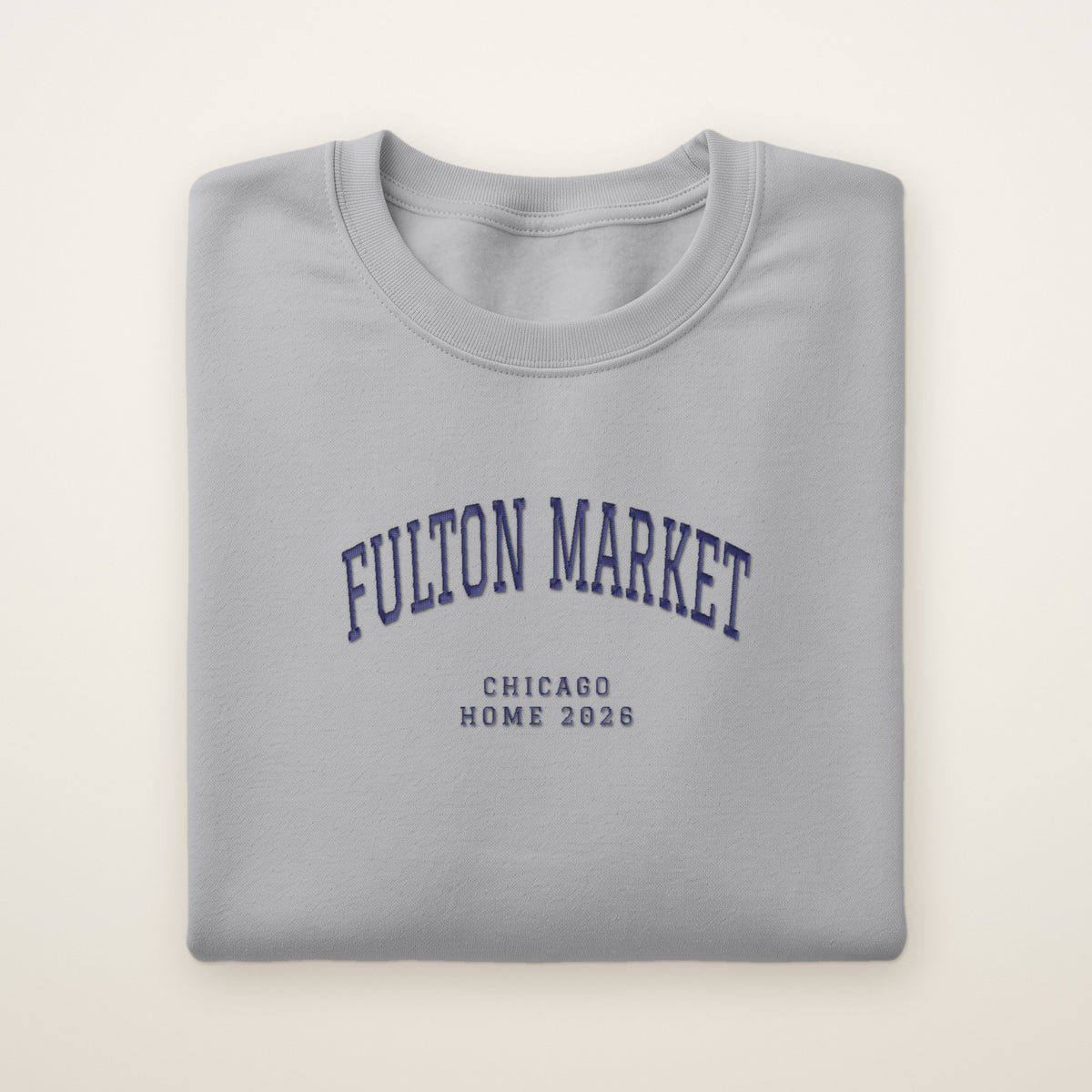 Fulton Market Chicago Home 2026 Embroidered Crewneck — Navy Thread on Sport Grey