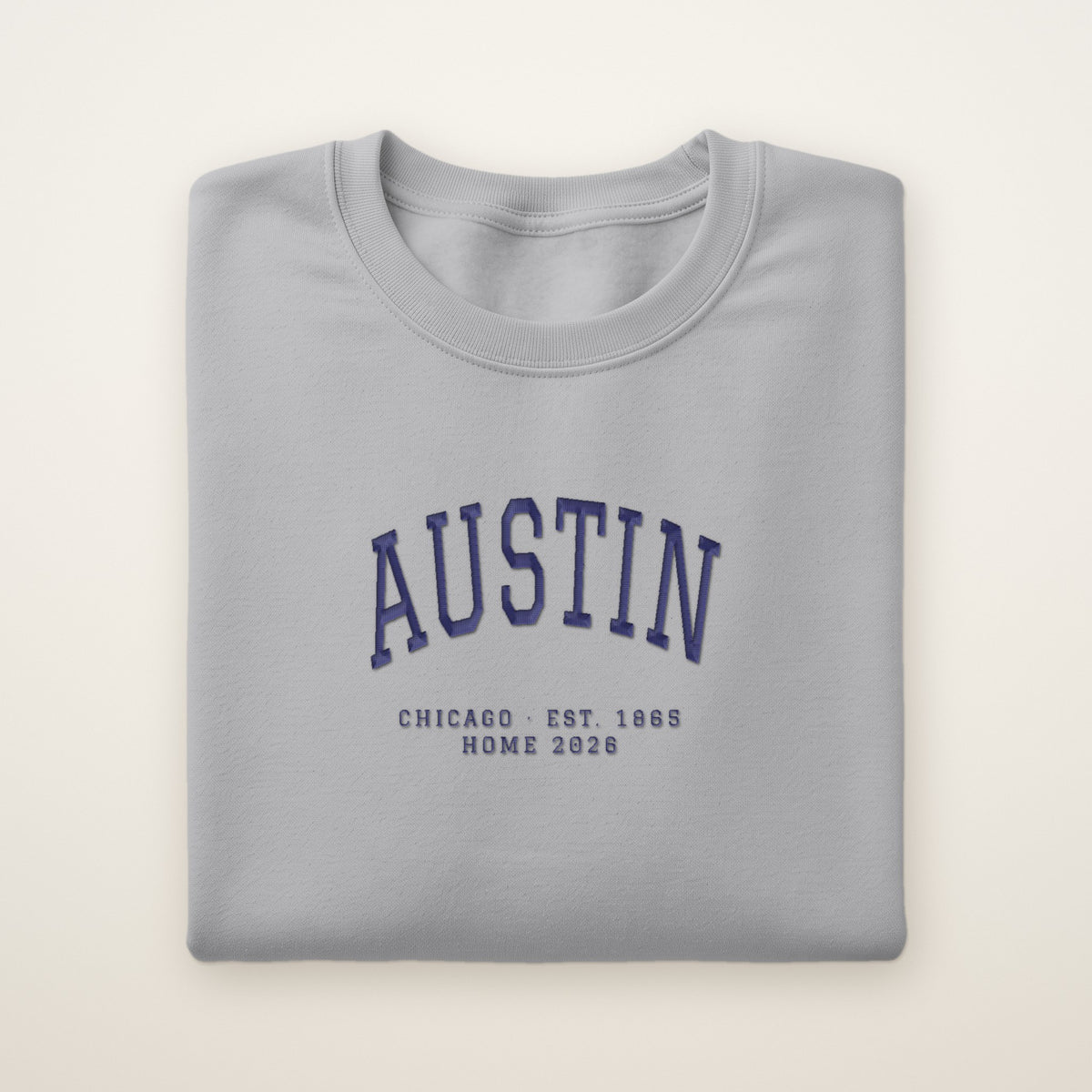 Austin Chicago Home 2026 Embroidered Crewneck — Navy Thread on Sport Grey