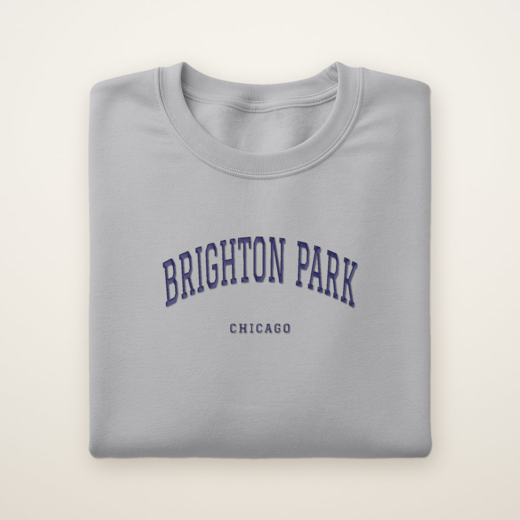 Brighton Park Chicago Embroidered Crewneck — Navy Thread on Sport Grey