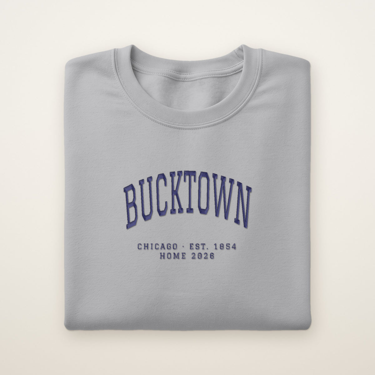 Bucktown Chicago Home 2026 Embroidered Crewneck — Navy Thread on Sport Grey