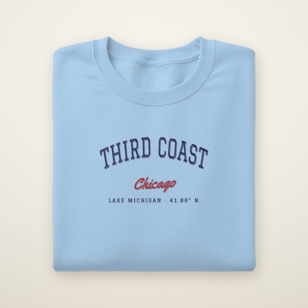 Third Coast Chicago embroidered crewneck sweatshirt, Light Blue, navy and red embroidery