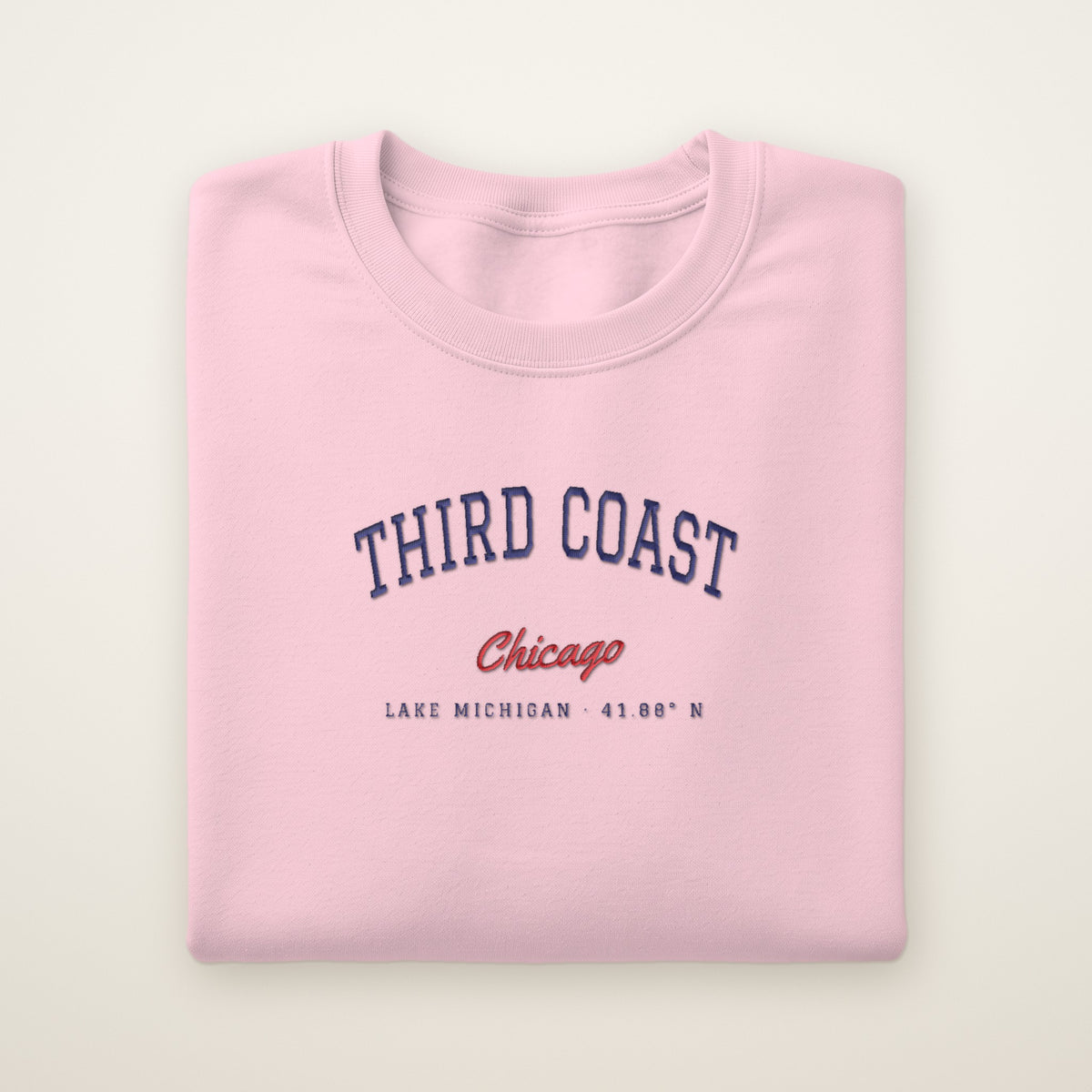 Third Coast Chicago embroidered crewneck sweatshirt, Light Pink, navy and red embroidery