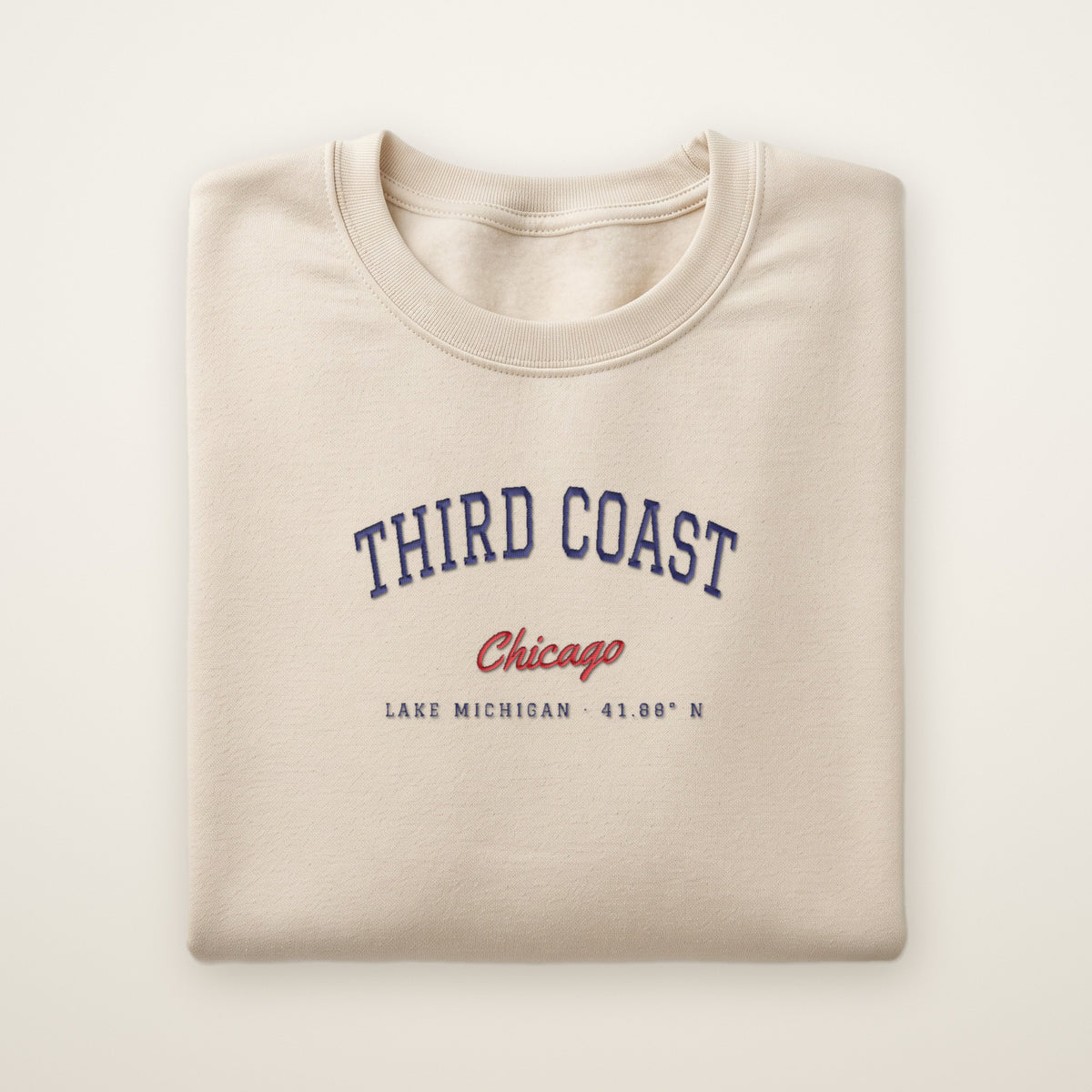 Third Coast Chicago embroidered crewneck sweatshirt, Sand, navy and red embroidery