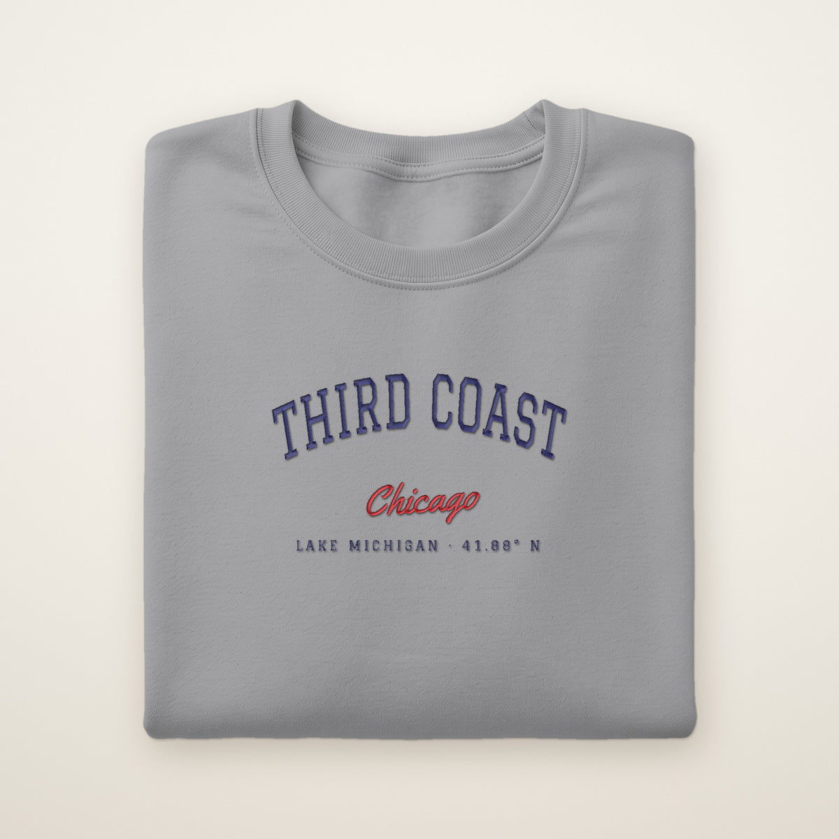 Third Coast Chicago embroidered crewneck sweatshirt, Sport Grey, navy and red embroidery
