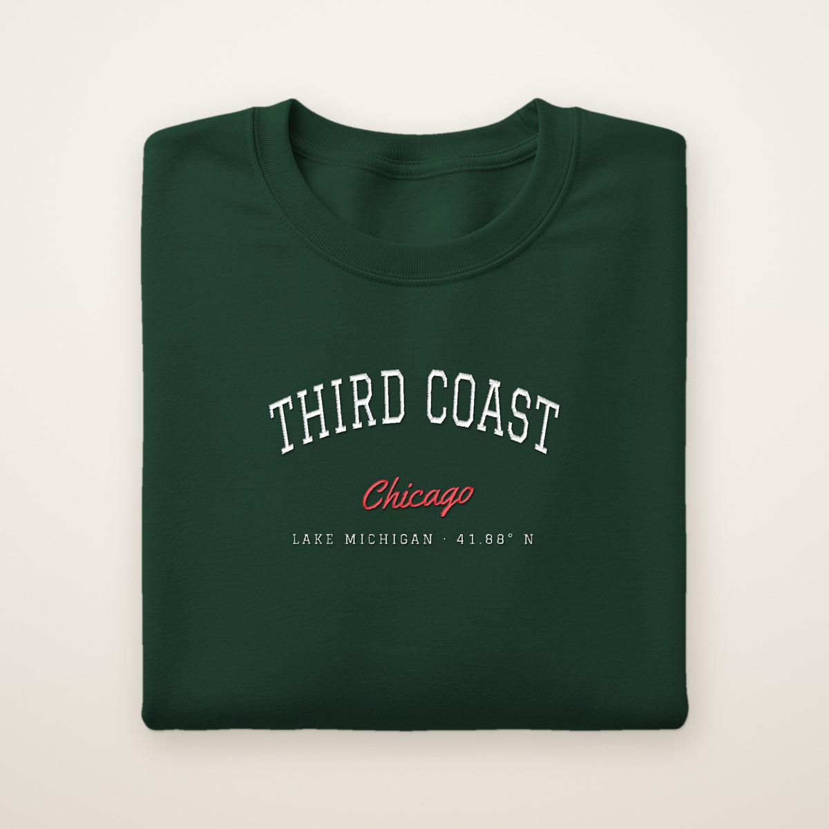 Third Coast Chicago embroidered crewneck sweatshirt, Forest Green, white and red embroidery