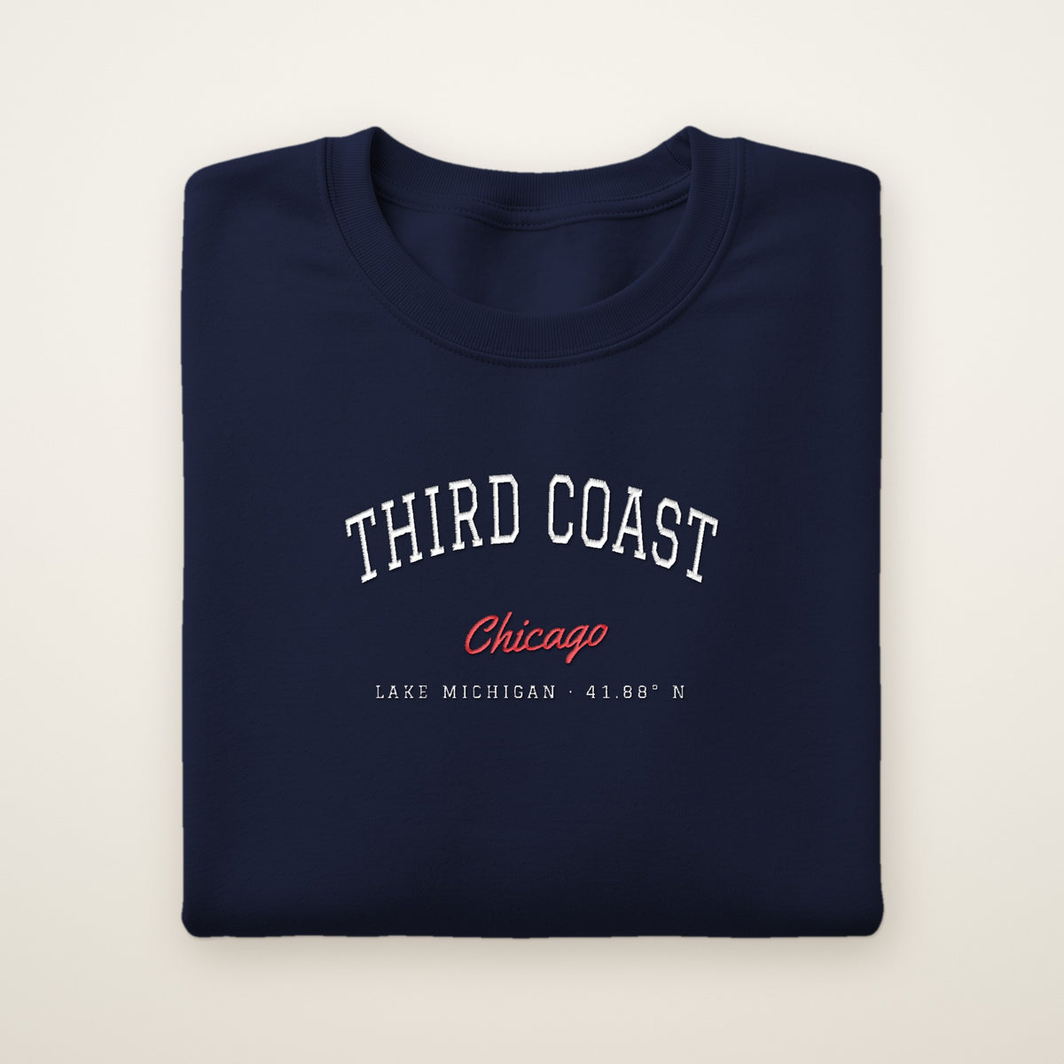 Third Coast Chicago embroidered crewneck sweatshirt, Navy, white and red embroidery