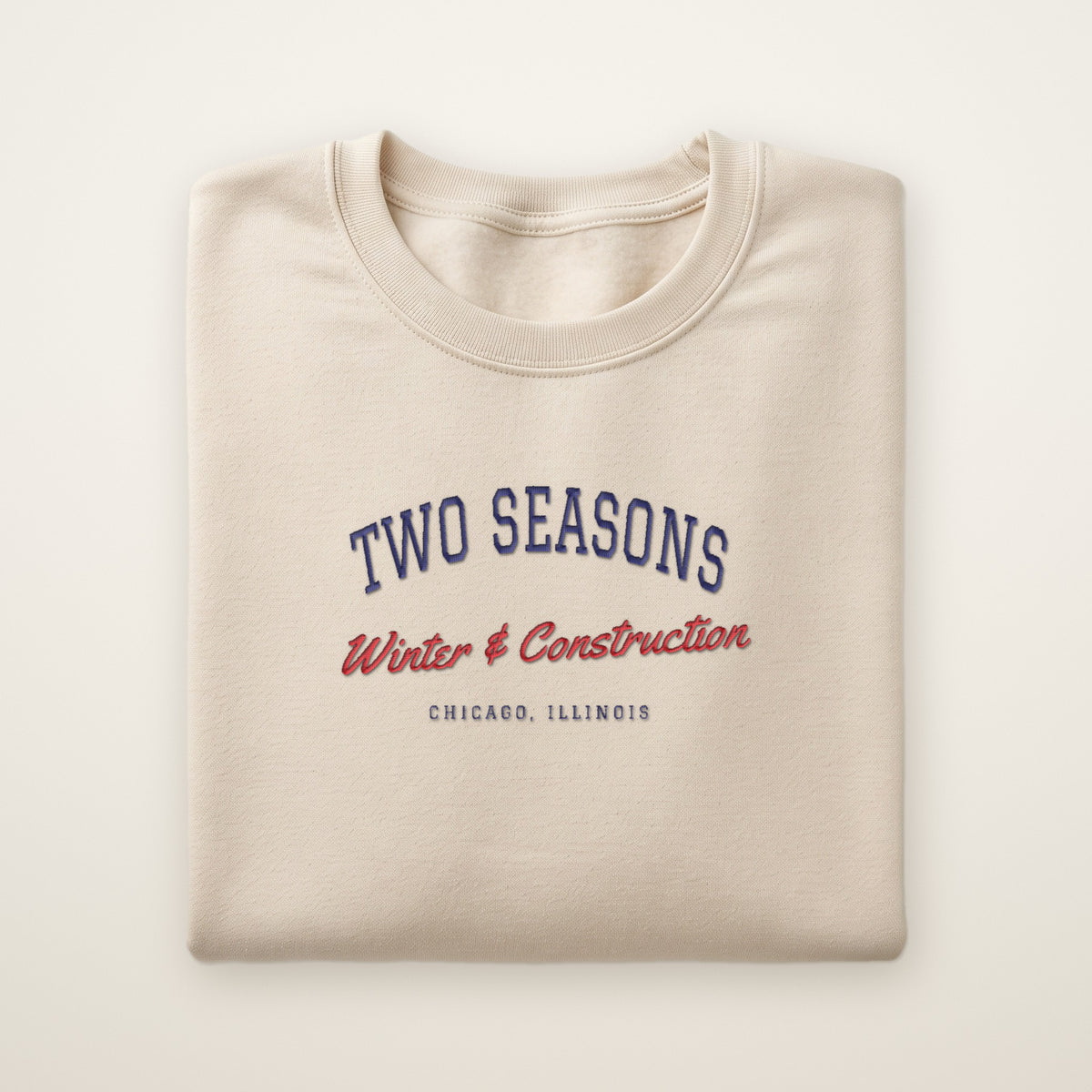 Two Seasons Chicago embroidered crewneck sweatshirt, Sand, navy and red embroidery