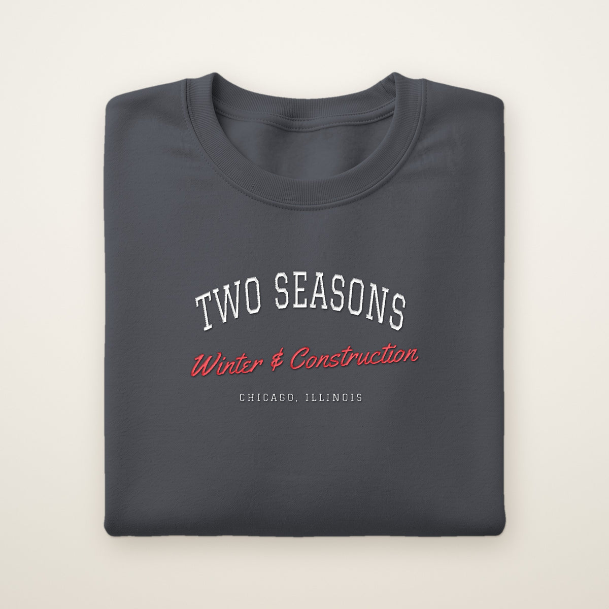 Two Seasons Chicago embroidered crewneck sweatshirt, Dark Heather, white and red embroidery