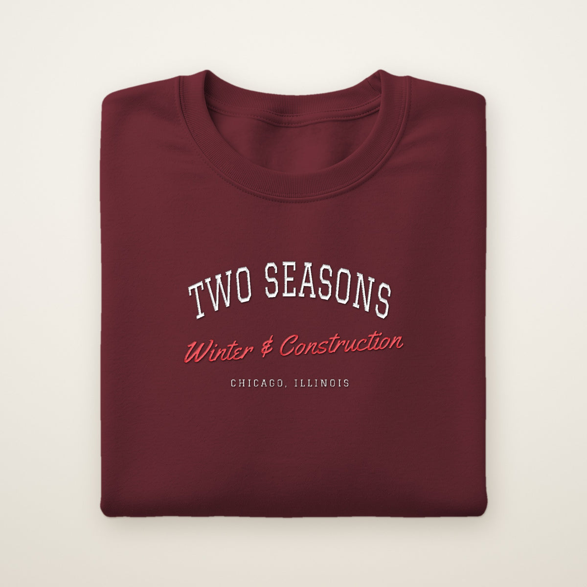 Two Seasons Chicago embroidered crewneck sweatshirt, Maroon, white and red embroidery