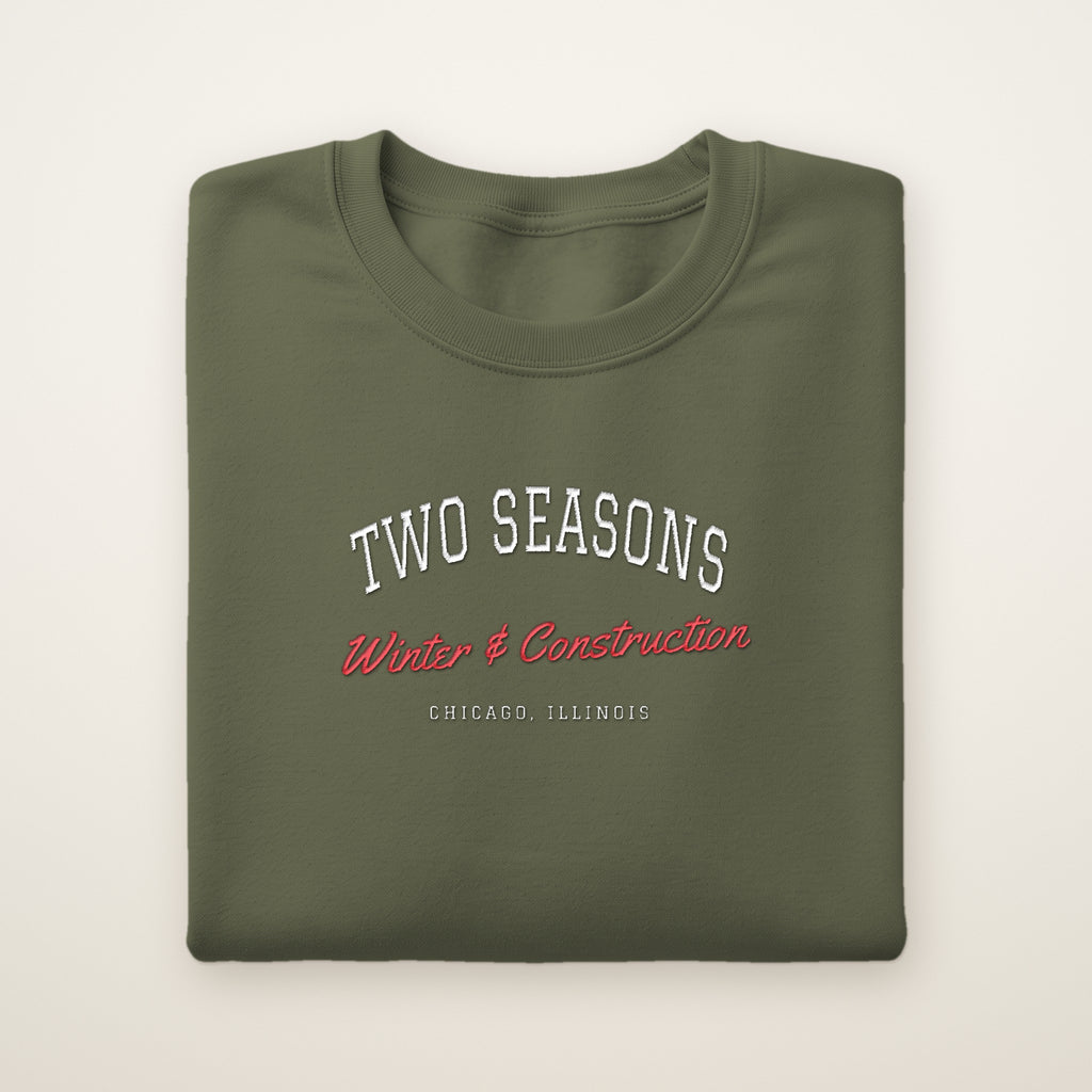 Two Seasons Chicago embroidered crewneck sweatshirt, Military Green, white and red embroidery