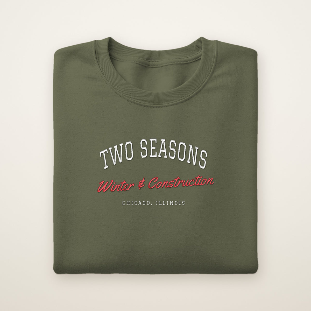 Two Seasons Chicago embroidered crewneck sweatshirt, Military Green, white and red embroidery