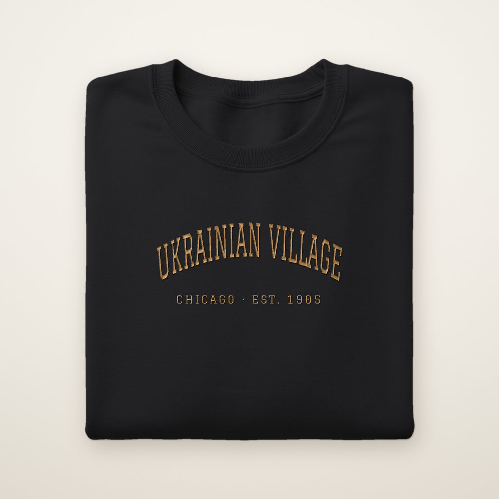 Ukrainian Village Chicago embroidered crewneck sweatshirt, Black, gold embroidery