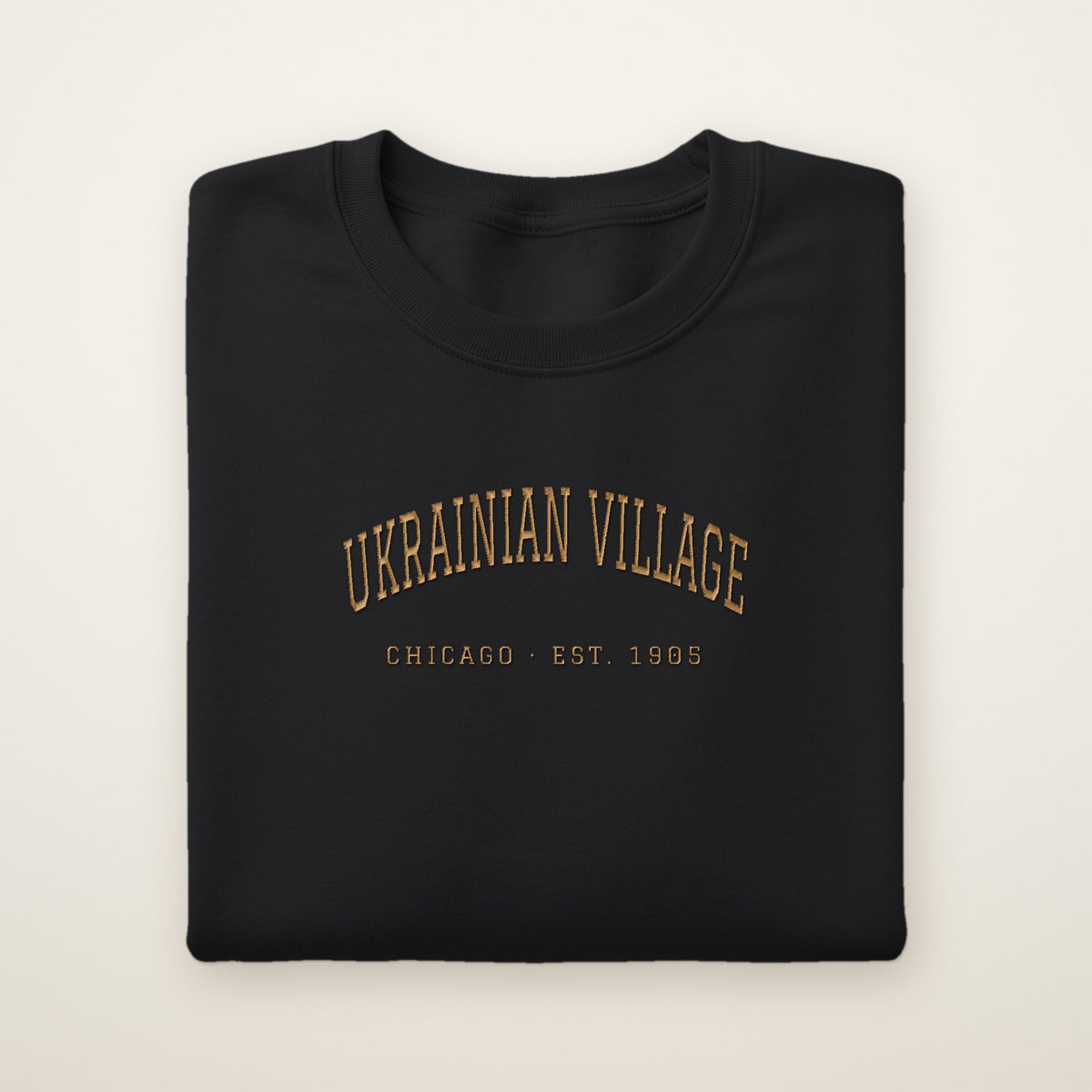 Ukrainian Village Chicago embroidered crewneck sweatshirt, Black, gold embroidery