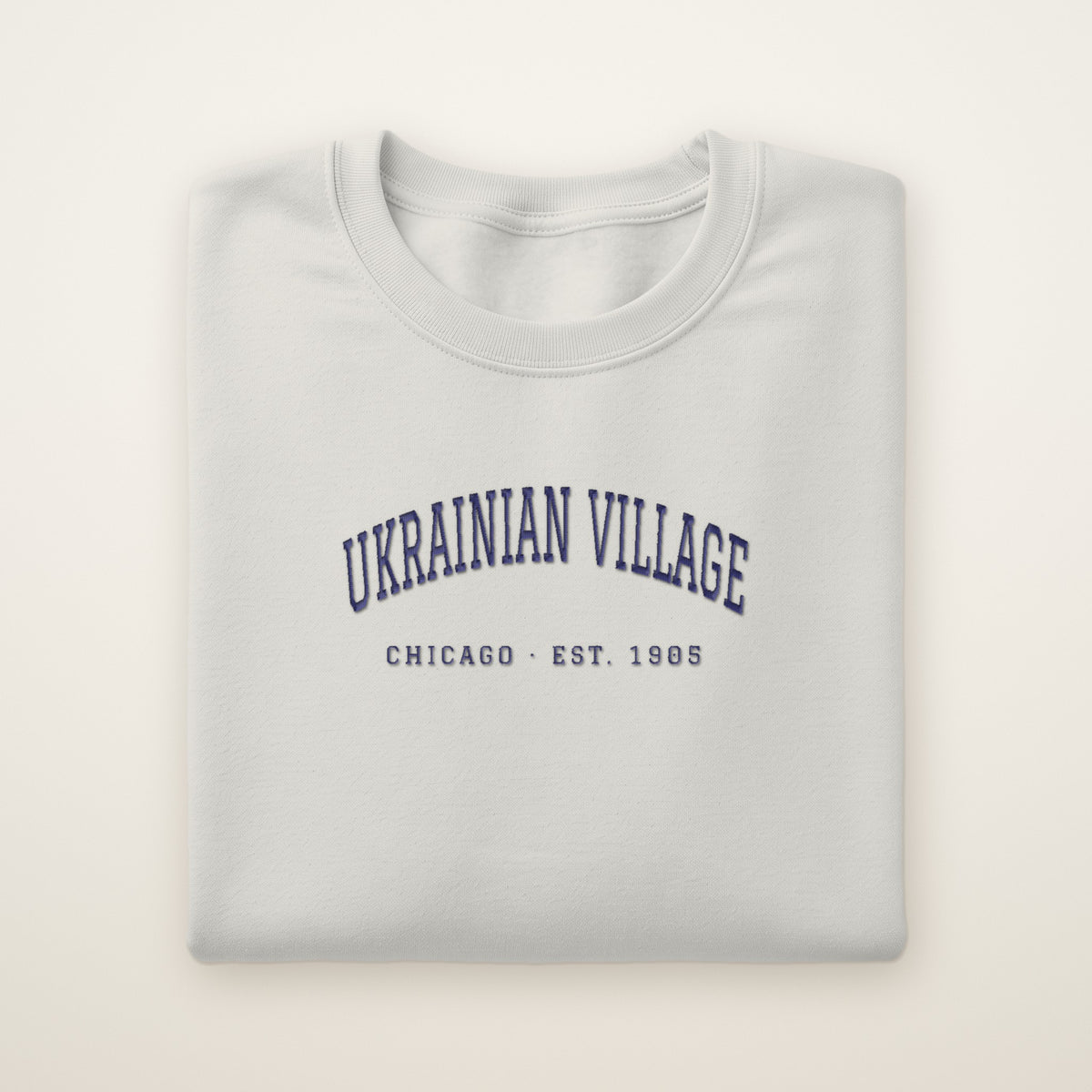 Ukrainian Village Chicago embroidered crewneck sweatshirt, Ash, navy embroidery