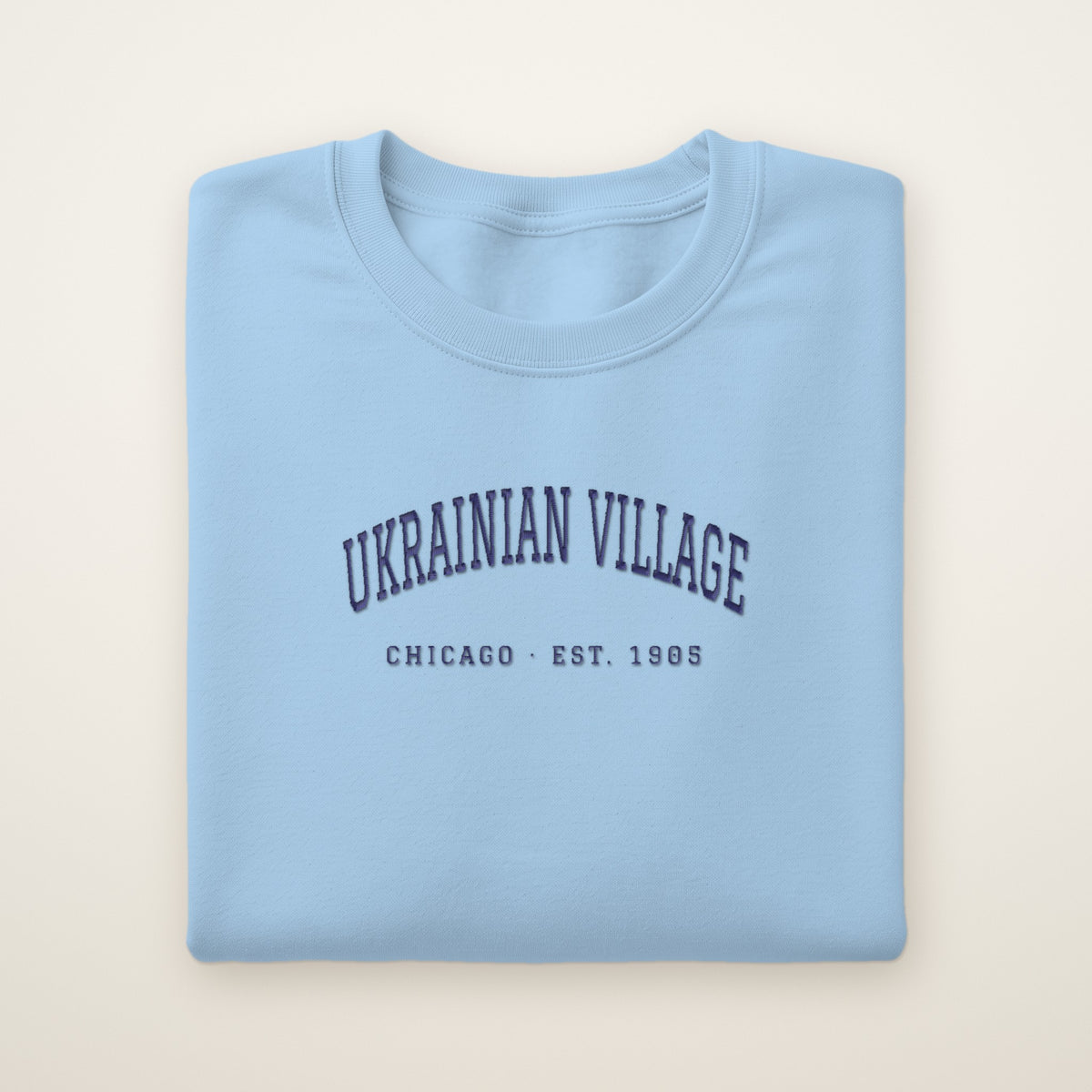 Ukrainian Village Chicago embroidered crewneck sweatshirt, Light Blue, navy embroidery