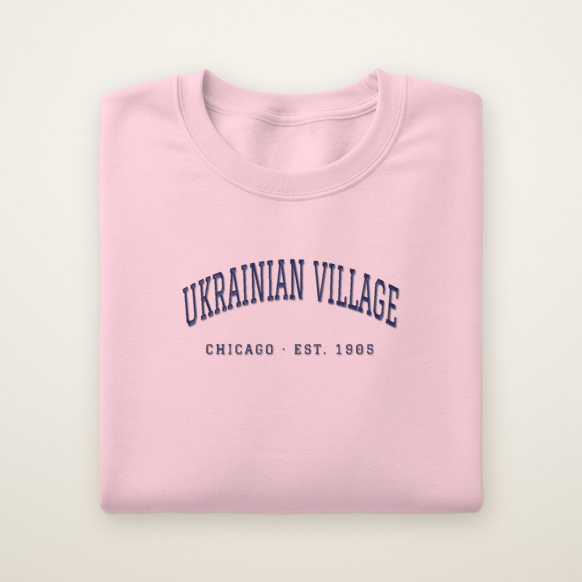 Ukrainian Village Chicago embroidered crewneck sweatshirt, Light Pink, navy embroidery