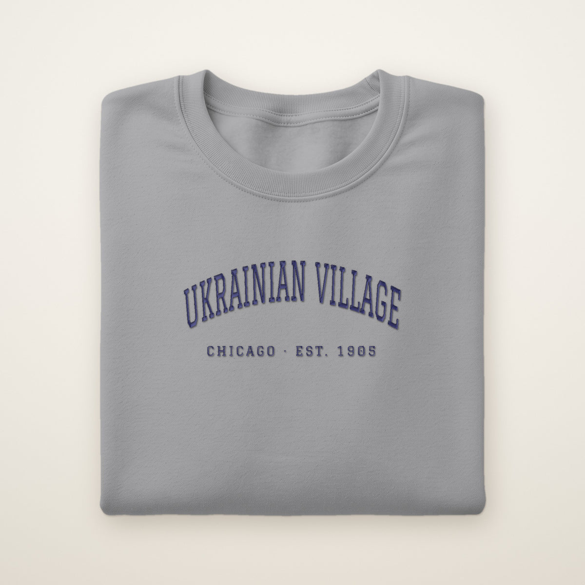 Ukrainian Village Chicago embroidered crewneck sweatshirt, Sport Grey, navy embroidery