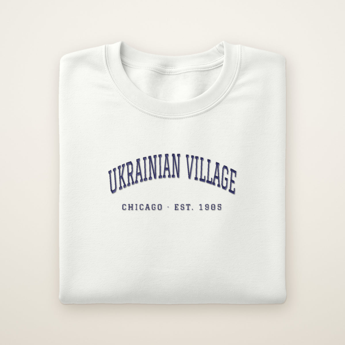 Ukrainian Village Chicago embroidered crewneck sweatshirt, White, navy embroidery