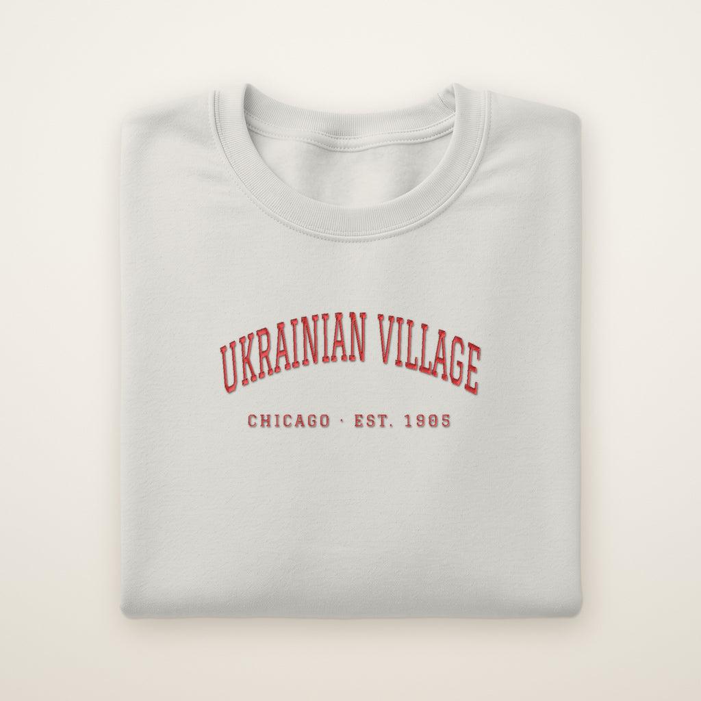 Ukrainian Village Chicago embroidered crewneck sweatshirt, Ash, red embroidery