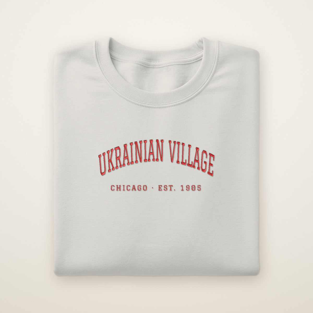 Ukrainian Village Chicago embroidered crewneck sweatshirt, Ash, red embroidery