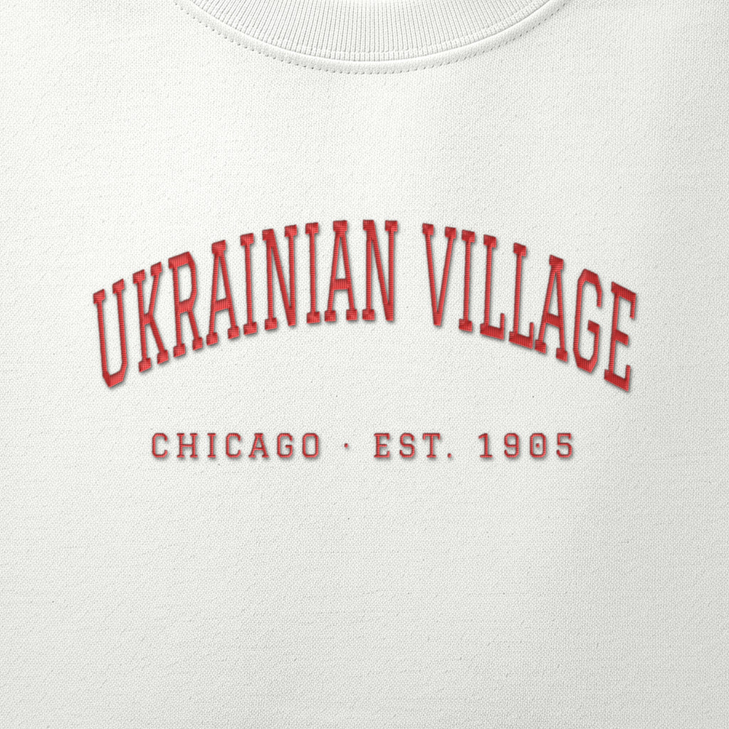 Close-up of red satin-stitch Ukrainian Village embroidery