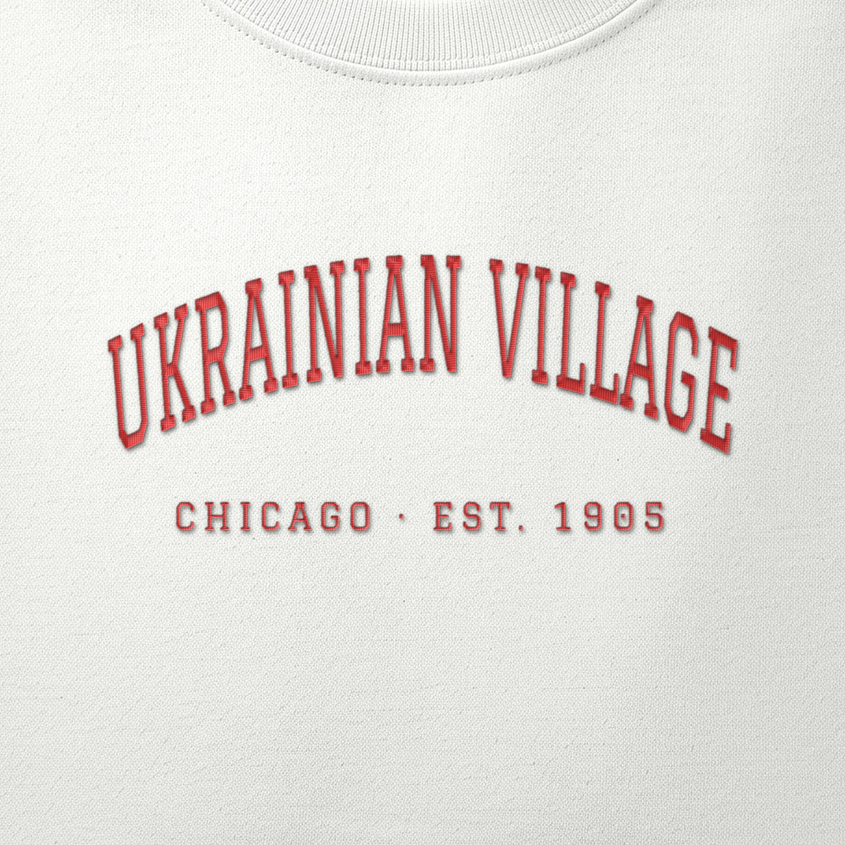 Close-up of red satin-stitch Ukrainian Village embroidery