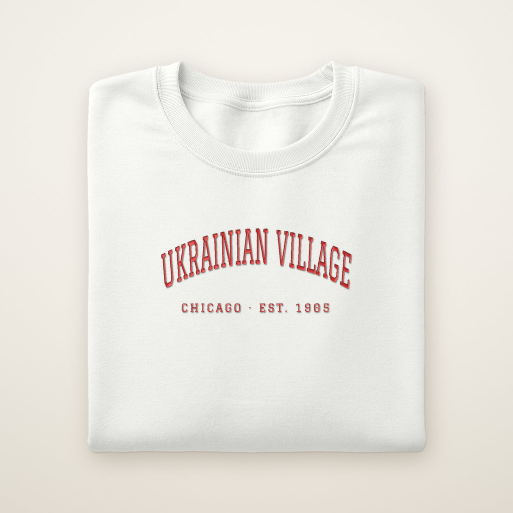 Ukrainian Village Chicago embroidered crewneck sweatshirt, White, red embroidery