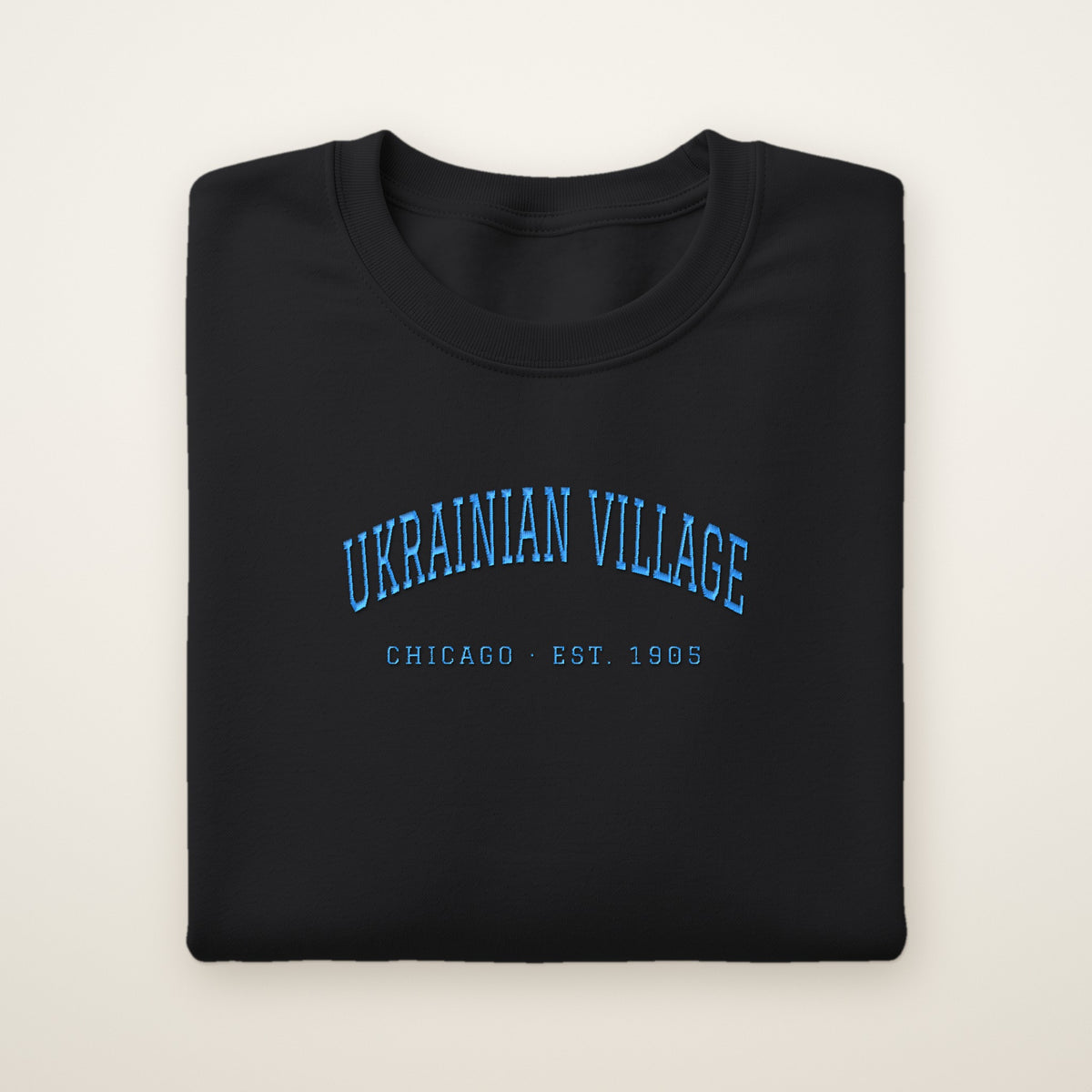 Ukrainian Village Chicago embroidered crewneck sweatshirt, Black, sky blue embroidery