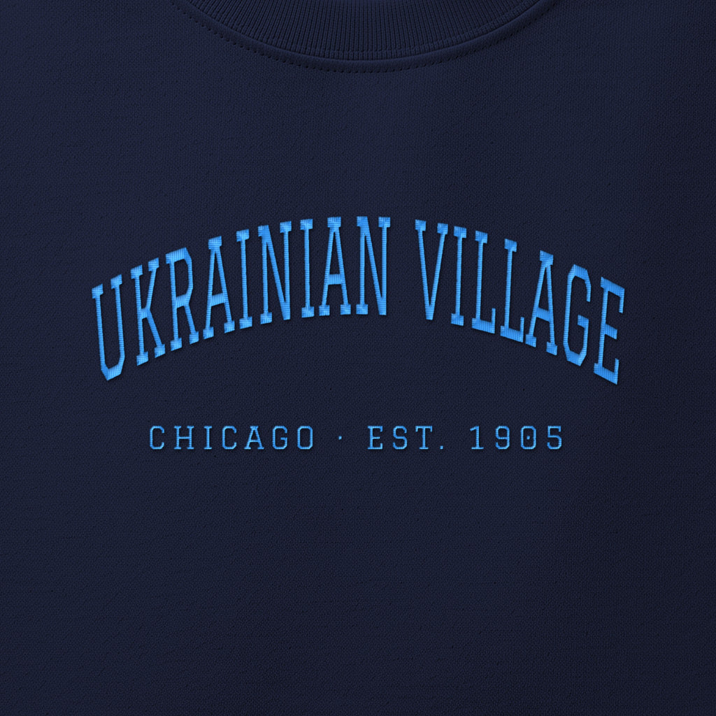 Close-up of sky blue satin-stitch Ukrainian Village embroidery