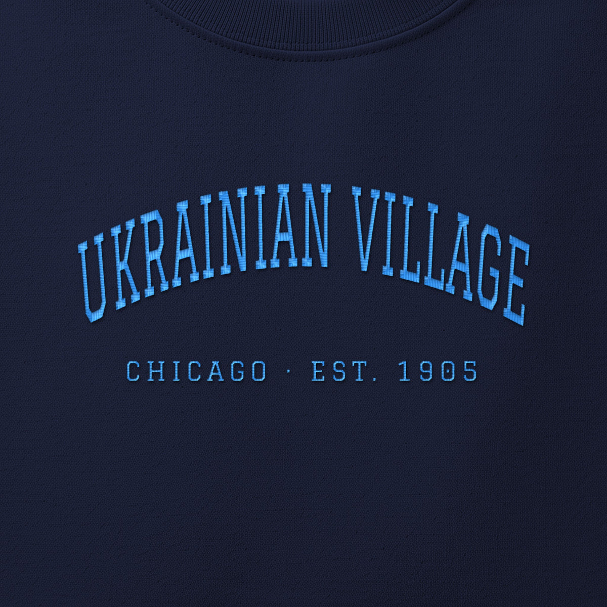 Close-up of sky blue satin-stitch Ukrainian Village embroidery
