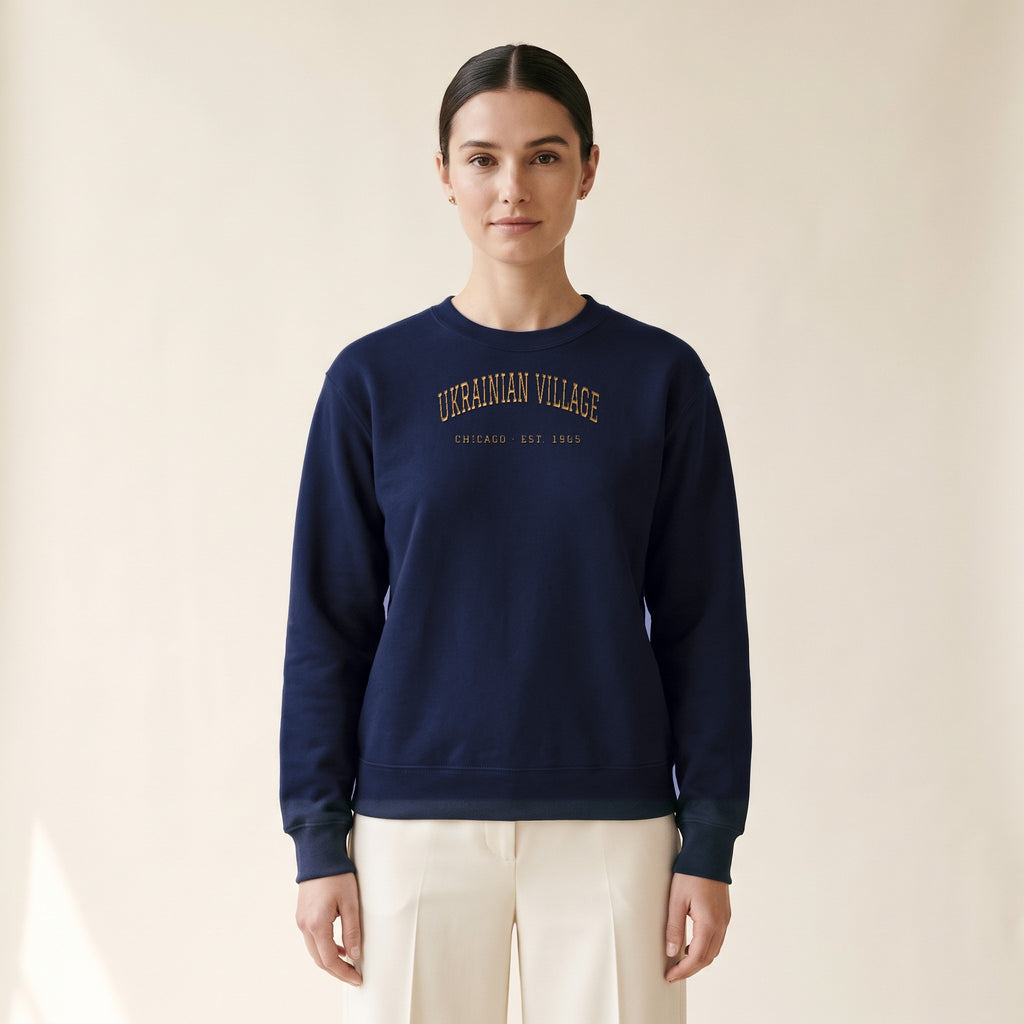Model wearing the Ukrainian Village Chicago Embroidered Crewneck — Gold Thread in Navy
