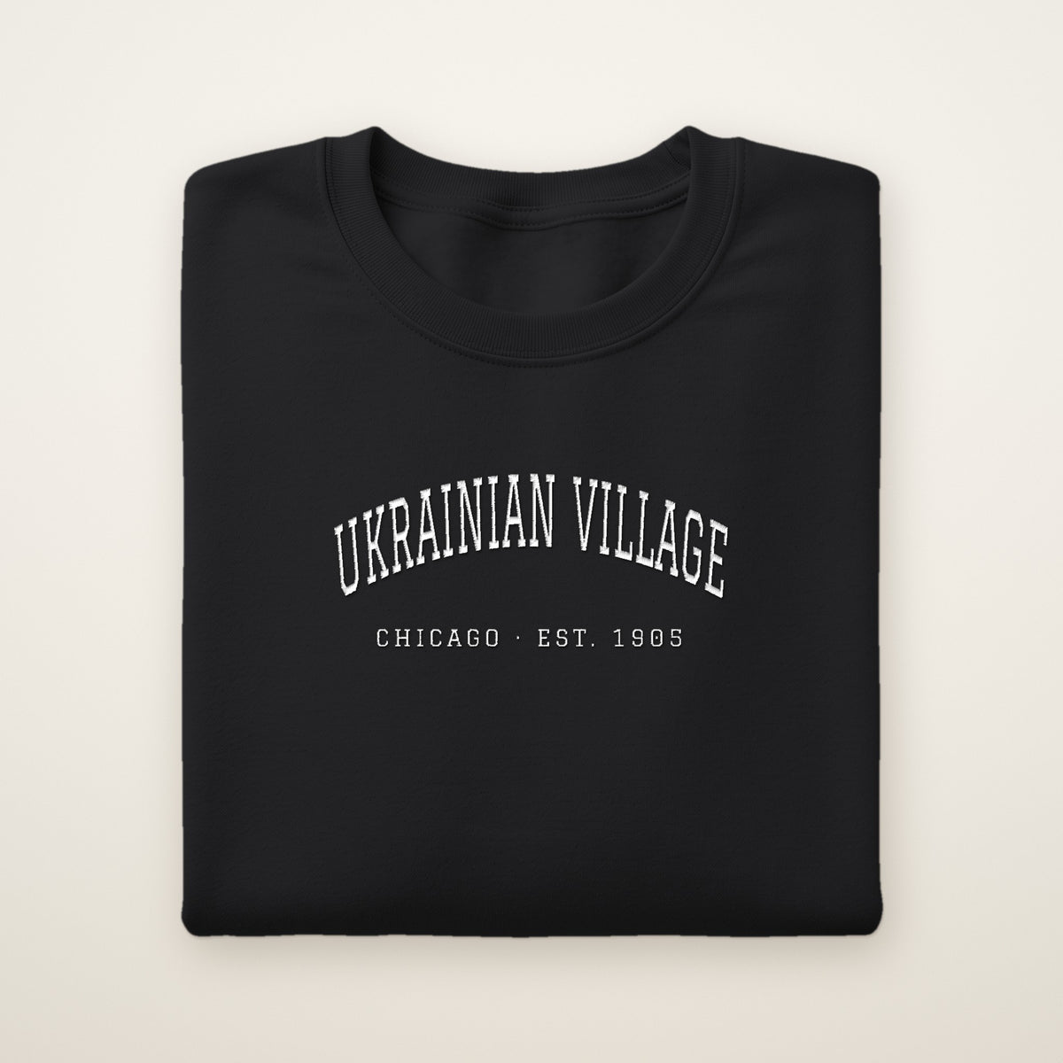Ukrainian Village Chicago embroidered crewneck sweatshirt, Black, white embroidery