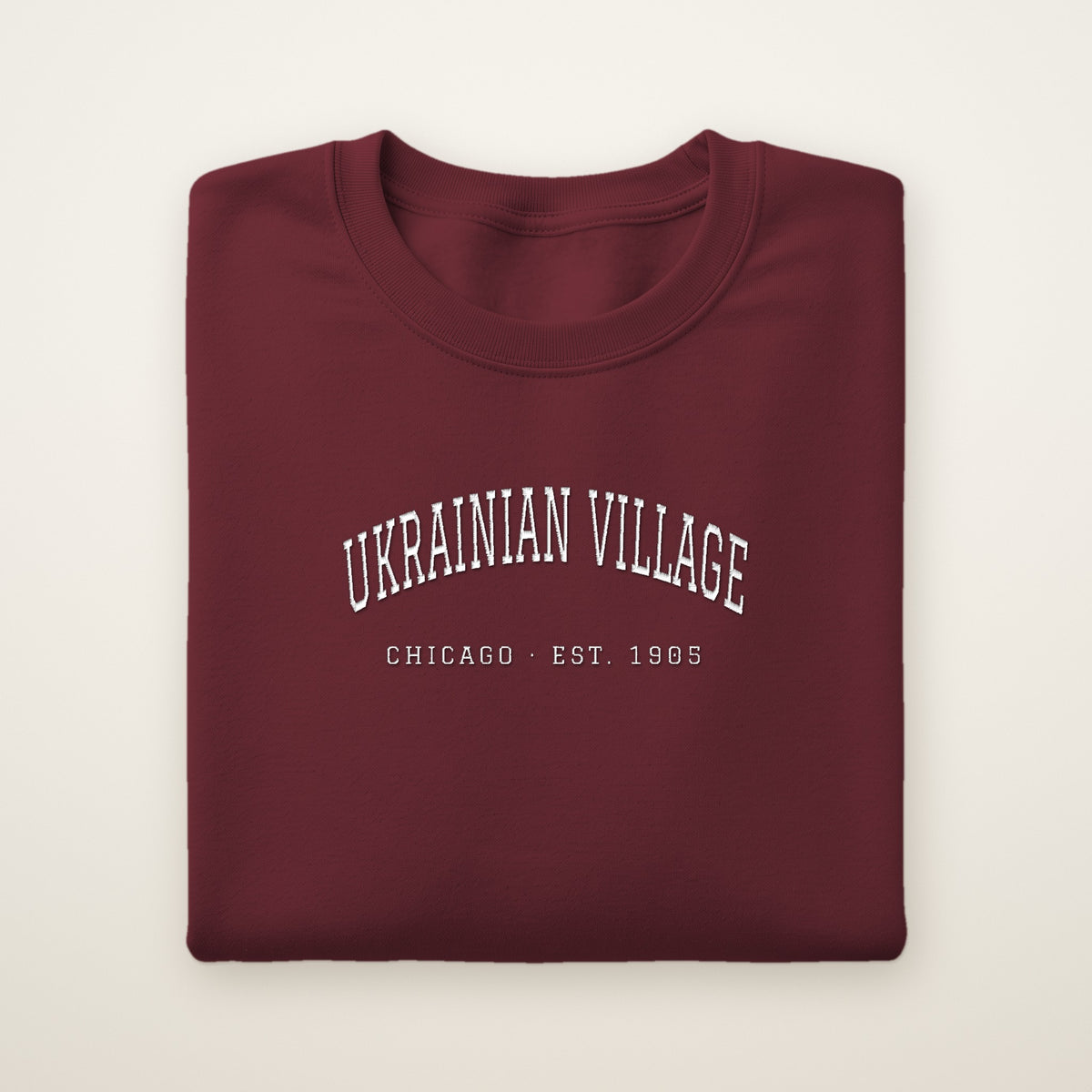 Ukrainian Village Chicago embroidered crewneck sweatshirt, Maroon, white embroidery