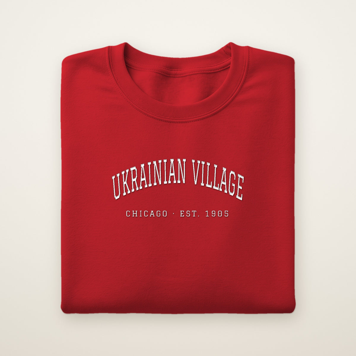 Ukrainian Village Chicago embroidered crewneck sweatshirt, Red, white embroidery