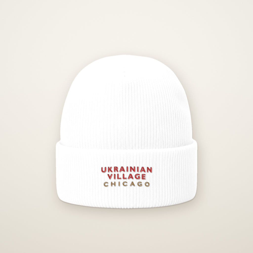 Ukrainian Village Chicago Embroidered Cuffed Beanie, Red Thread, front view
