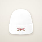 Ukrainian Village Chicago Embroidered Cuffed Beanie, Red Thread, front view