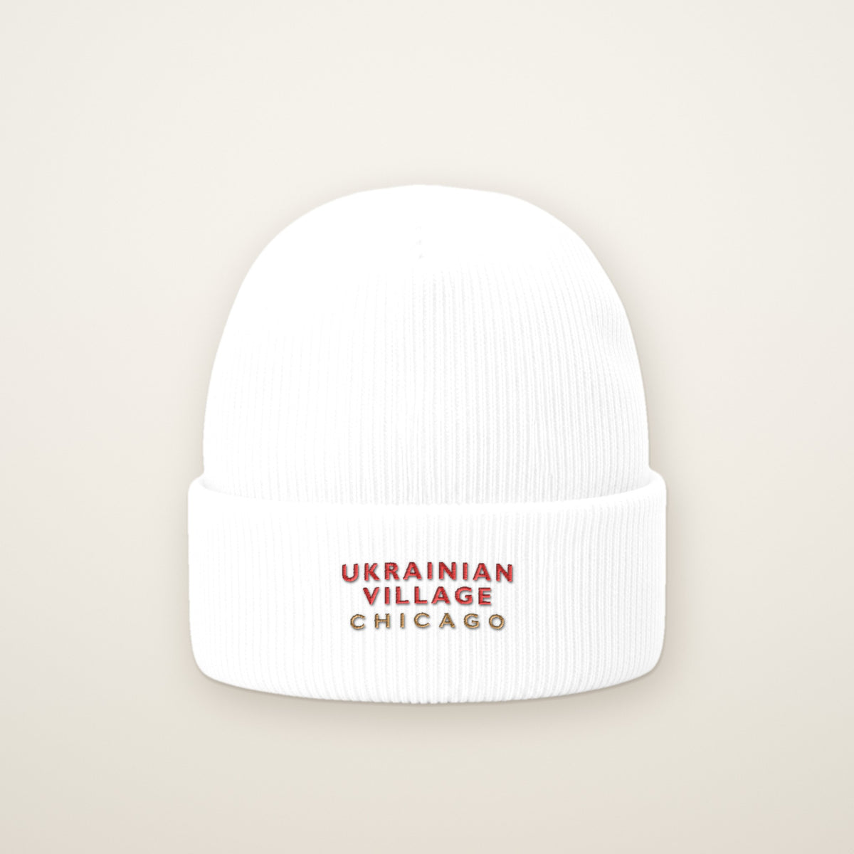 Ukrainian Village Chicago Embroidered Cuffed Beanie, Red Thread, front view