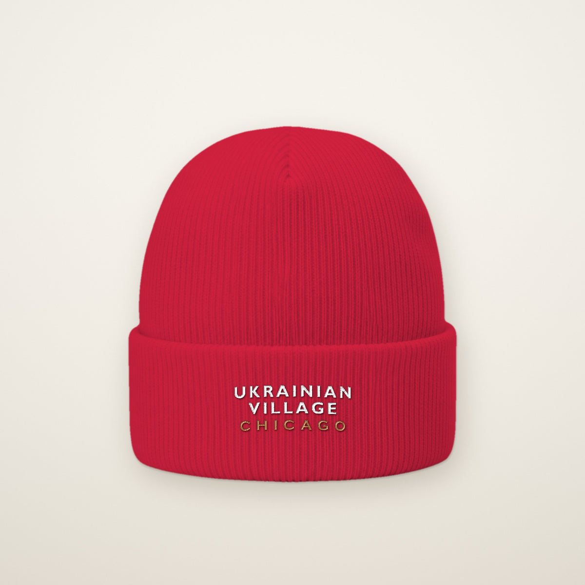 Ukrainian Village Chicago Embroidered Cuffed Beanie in Red