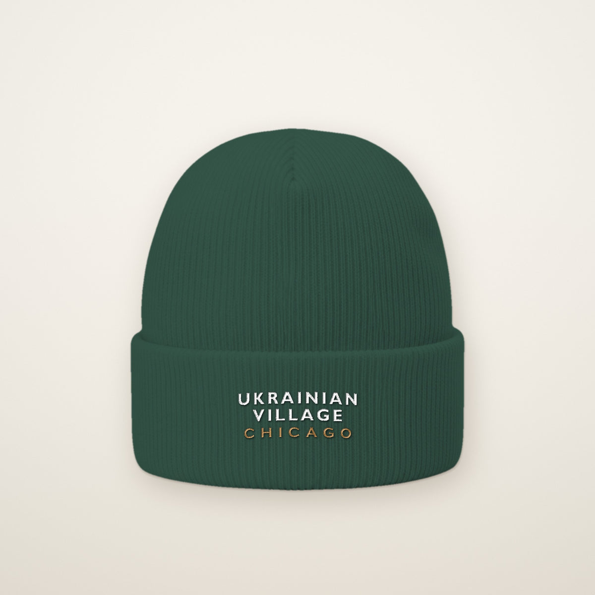 Ukrainian Village Chicago Embroidered Cuffed Beanie in Spruce